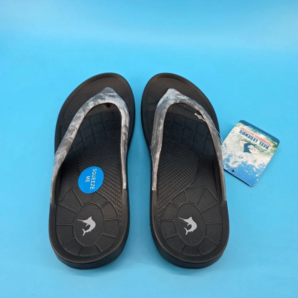 Reel Legends Unisex Flip Flop Sandals Black Smoked Pearl Palm Leaf Size 9 NEW